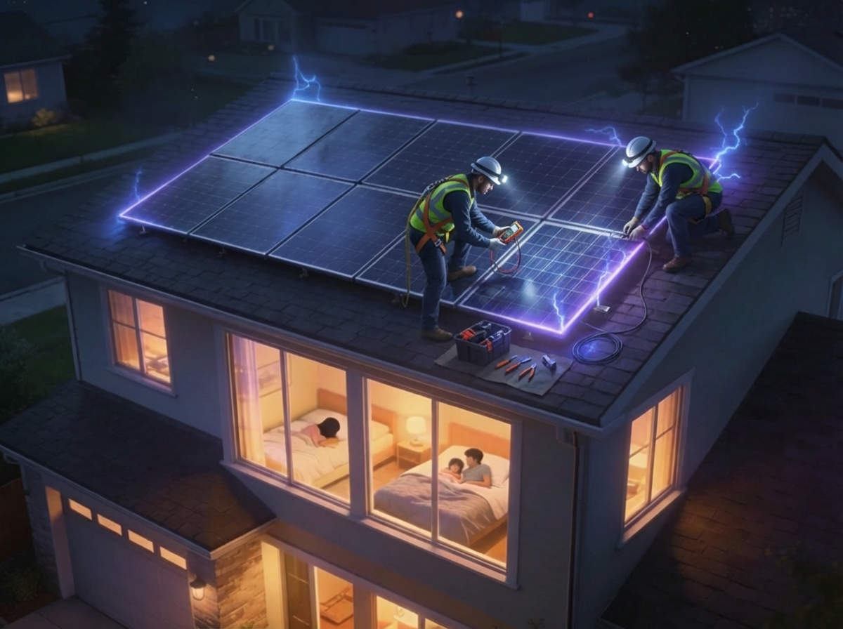 Solar maintenance crew on a rooftop array